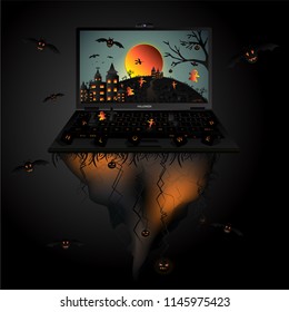 Creative Halloween night background with haunted house, castle, full moon, flying witch, ghost, bat, lantern of pumpkin, graveyard, tree, grass and clear sky on laptop computer. Vector illustration.