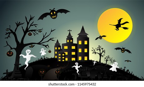Creative Halloween night background with haunted house, castle, full moon, flying witch, ghost, bat, lantern of pumpkin, graveyard, tree, grass and clear sky. Vector illustration.