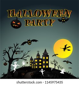 Creative Halloween night background with haunted house, castle, full moon, flying witch, ghost, bat, lantern of pumpkin, graveyard, tree, grass and clear sky. Vector illustration.