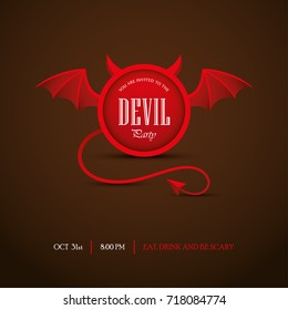 Creative Halloween party invitation or banner design with round frame looking like a devil. Vector illustration on dark background.