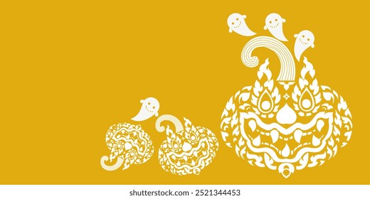 Creative Halloween pumpkins Thai style and ghosts on yellow background. Trendy print. There is space to write a message for postor, card, invitation card, advertisement.