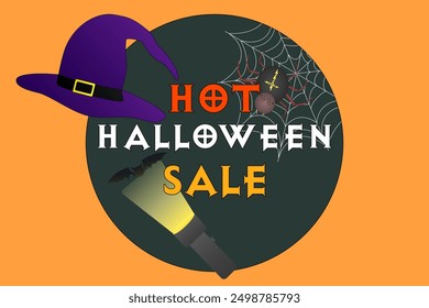 Creative Halloween sale design featuring spooky elements like a witch hat, spider web, and bat. Perfect for festive promotions.