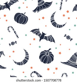 Creative halloween seamless pattern, hand drawn pumpkins, bats, witch hats and candy, detailed ornaments, great for textiles, banners, wallpapers, invitations or wrapping - vector surface design.