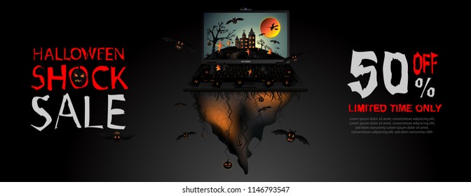 Creative Halloween shock sale banner template with haunted floating land, full moon, flying witch, bat, cloud, ghost, castle, computer, tree, and graveyard. Vector illustration.