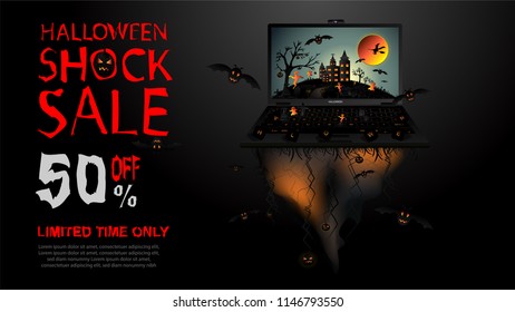 Creative Halloween shock sale banner template with haunted floating land, full moon, flying witch, bat, cloud, ghost, castle, computer, tree, and graveyard. Vector illustration.