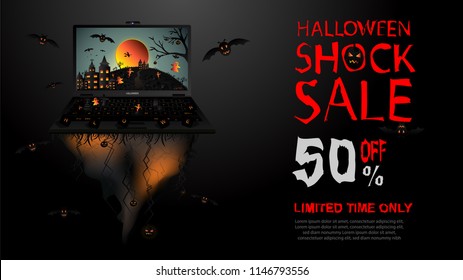 Creative Halloween Shock Sale Banner Template With Haunted Floating Land, Full Moon, Flying Witch, Bat, Cloud, Ghost, Castle, Computer, Tree, And Graveyard. Vector Illustration.