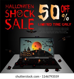 Creative Halloween shock sale banner template with haunted castle, full moon, flying witch, bat, cloud, ghost, castle, computer, tree, and graveyard. Vector illustration.