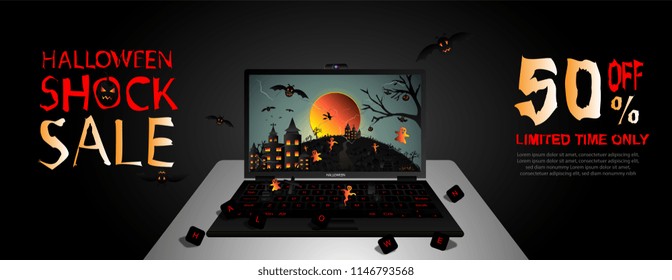 Creative Halloween shock sale banner template with haunted castle, full moon, flying witch, bat, cloud, ghost, castle, computer, tree, and graveyard. Vector illustration.