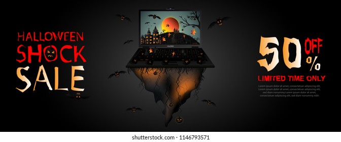 Creative Halloween shock sale banner template with haunted floating land, full moon, flying witch, bat, cloud, ghost, castle, computer, tree, and graveyard. Vector illustration.