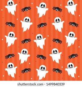 Creative halloween vector pattern for girls or boys with ghosts and spiders. Funny wallpaper for textile and fabric background. Colourful bright picture for children