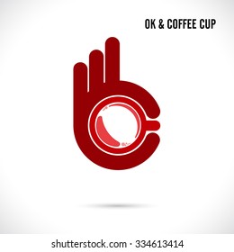 Creative hand and coffee cup abstract logo design.Hand Ok symbol icon.Coffee shop,corporate business creative logotype symbol.Vector illustration