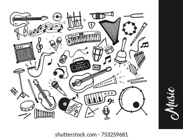 Creative Hand Drawing Music Theme Doodle Illustration, Suitable For Invitatio Card, Pattern, Children Book And Any Music Doodle Related Design