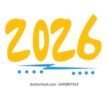 Creative hand drawn 2026 typography in blue and yellow with playful graphic styles for calendar, greeting card, or design use