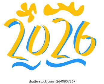 Creative hand drawn 2026 typography in blue and yellow with playful graphic styles for calendar, greeting card, or design use