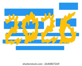 Creative hand drawn 2026 typography in blue and yellow with playful graphic styles for calendar, greeting card, or design use