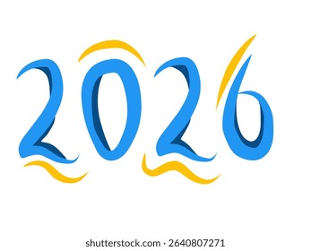 Creative hand drawn 2026 typography in blue and yellow with playful graphic styles for calendar, greeting card, or design use