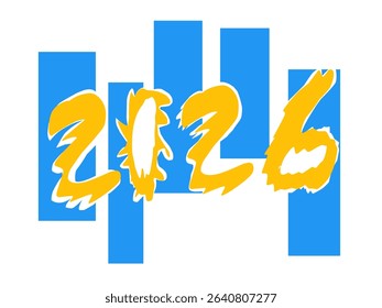 Creative hand drawn 2026 typography in blue and yellow with playful graphic styles for calendar, greeting card, or design use