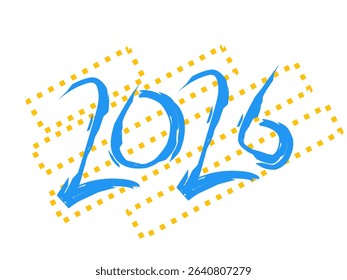 Creative hand drawn 2026 typography in blue and yellow with playful graphic styles for calendar, greeting card, or design use