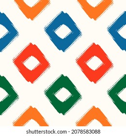 Creative hand drawn abstract seamless pattern with colorful rhombuses. Trendy wallpaper. Rough brush shapes vector background.	