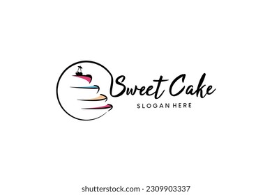 Diseño del logo del pastel dulce apilado y dibujado a mano con creatividad