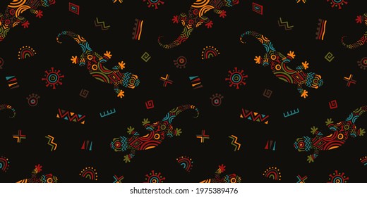 Creative hand drawn african pattern with geckos and ornaments, abstract background, great for textiles, wrapping, wallpaper - vector design
