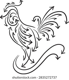 Creative hand drawn arrow illustration arranged into the silhouette of a rooster, representing a unique combination of bird, animal, direction, movement, and creative design.