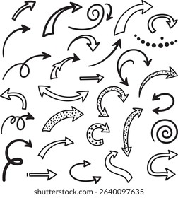 Creative hand drawn arrows collection with various curved, swirly, and dotted styles for infographics, presentations, direction guides, and digital design elements

