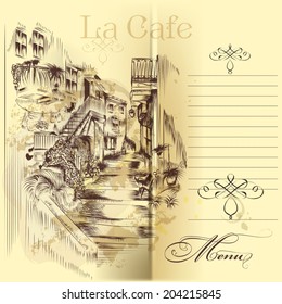 Creative hand drawn background with European street. Retro vector