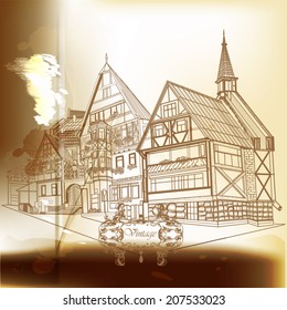 Creative hand drawn background with European house. Retro vector