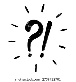 creative hand drawn black ink brush illustration of a question mark and exclamation mark (interrobang) with decorative rays. Perfect for concepts of confusion, surprise, curiosity, problem-solving, and FAQ design elements. High contrast sketch style on a white background.