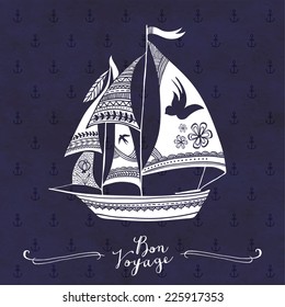 Creative hand drawn boat illustration. Nautical badge design.