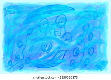 Creative hand drawn brush stroke style "Under blue" abstract artwork. Vector design.