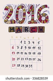 Creative Hand drawn Calendar 2016. Original design.