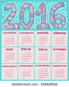 Creative Hand drawn Calendar 2016. Original design.