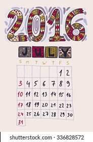 Creative Hand drawn Calendar 2016. Original design.