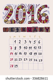 Creative Hand drawn Calendar 2016. Original design.