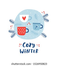 Creative hand drawn card with Christmas cups: Cozy winter. Vector cartoon illustration. and drawn typography poster. Xmas design.