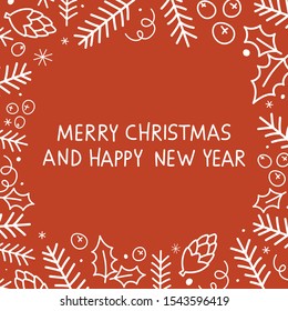 Creative hand drawn card with Christmas trees and cones: Merry Christmas and Happy New Year. Vector illustration for winter holidays and Christmas design