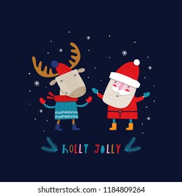 Creative hand drawn card with cute Santa Claus and deer. Vector cartoon illustration. and drawn typography poster. Xmas design.