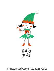 Creative hand drawn card with cute Christmas Elf. Vector cartoon illustration. Drawn typography poster. Xmas design.