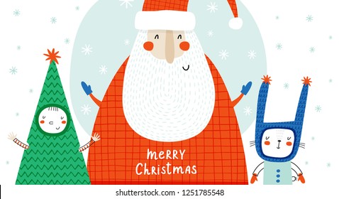 Creative hand drawn card with cute Santa Claus. Vector cartoon illustration. and drawn typography poster. Xmas design.