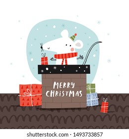 Creative hand drawn card with cute Mouse-Santa in chimney. Vector cartoon illustration. Hand drawn typography poster. Xmas design.
