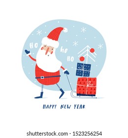 Creative hand drawn card with cute Santa Claus and gifts. Vector cartoon illustration. and drawn typography poster. Xmas design.