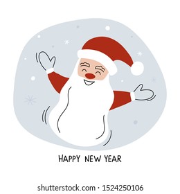 Creative hand drawn card with cute Santa Claus: Happy New Year and Merry Christmas. Vector illustration for winter holidays and Christmas design