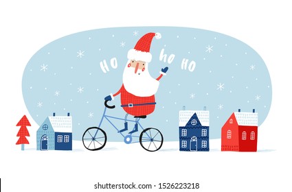 Creative hand drawn card with cute Santa Claus on a bike. Vector cartoon illustration. and drawn typography poster. Xmas design.