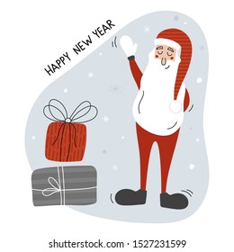 Creative hand drawn card with cute Santa Claus and gifts: Happy New Year and Merry Christmas. Vector illustration for winter holidays and Christmas design