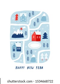 Creative hand drawn card with cute Christmas town. Vector cartoon illustration. Hand drawn typography poster. Xmas design in blue and red colours.
