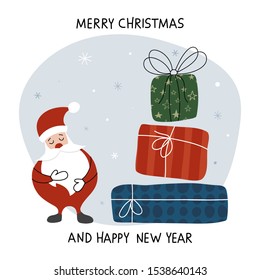 Creative hand drawn card with cute Santa Claus and gifts: Happy New Year and Merry Christmas. Vector illustration for winter holidays and Christmas design