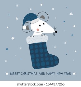 Creative hand drawn card with cute little mouse in Christmas sock: Merry Christmas and Happy New Year. Vector illustration for winter holidays and Christmas design