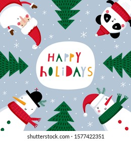 Creative hand drawn card with cute Santa Claus, panda, snowman and Christmas trees. Vector cartoon illustration. and drawn typography poster. Xmas design.